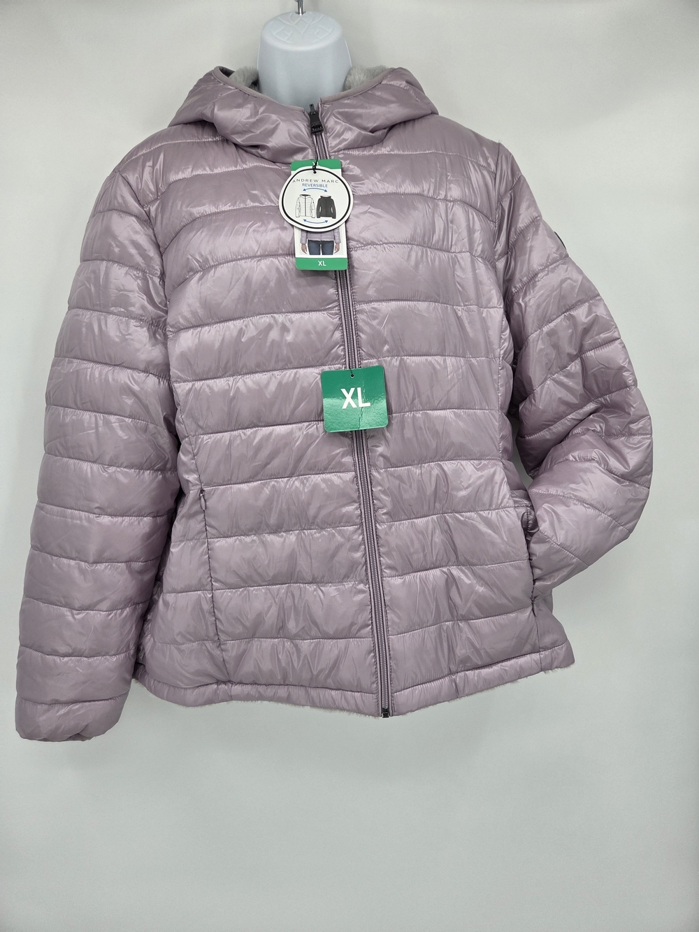 Andrew Marc Reversible Faux Fur Puffer Jacket Mauve Gray Hooded XL NWT